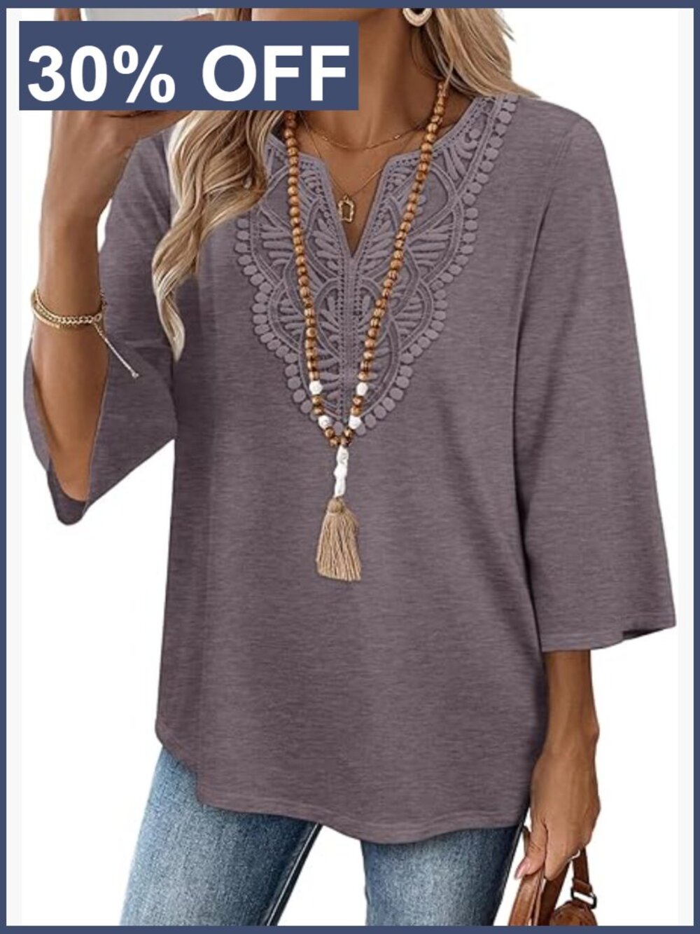 V Neck Lace Blouse 3/4 Sleeve Tunic Dressy Casual Tops